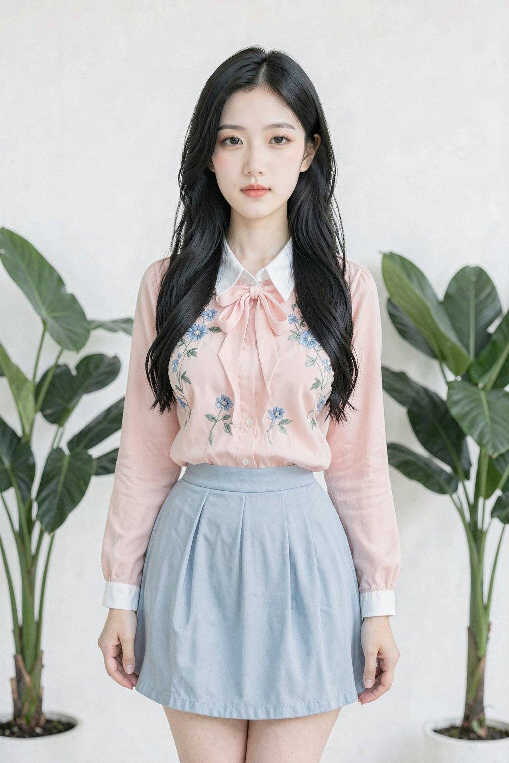 The image is a high-resolution photograph featuring a young Asian woman standing against a minimalist white background. She has long, wavy black hair that cascades down her shoulders. Her makeup is subtle, with a natural look that enhances her features. She wears a pastel pink blouse with long sleeves and a white collar, adorned with delicate floral embroidery in shades of blue and green. The blouse is tied at the neck with a soft pink bow, adding a touch of elegance. She pairs the blouse with high-waisted, light blue pleated skirts that fall to her knees, creating a polished and refined look.In the background, there are two large green houseplants with broad leaves, one on either side of the woman. The plants add a touch of nature and freshness to the otherwise minimalist setting. The lighting is soft and natural, highlighting the soft textures of her clothing and the vibrant green of the plants. The overall aesthetic of the photograph is clean, modern, and elegant, emphasizing the subject's refined style and the serene background.