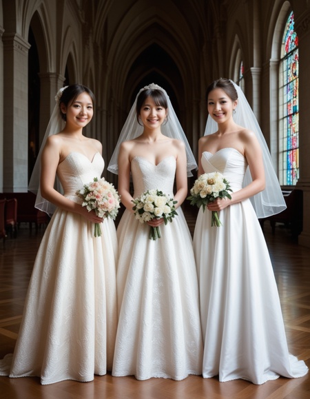 score_9,score_8_up,score_7_up,score_6_up,score_5_up,masterpiece,best quality,realistic,photorealistic,photo \(medium\),absurdres,cinematic,intricate detail,uhd,4k,3girls,3girls with different ethnicity,wedding dress,bridal veil,formal attire,diverse ethnicity,western female and asian female and black female,elegant pose,standing together,smiling,white dress,lace fabric,floral bouquet,cathedral background,full body,beautiful dresses,bridal theme,detailed fabric,subtle makeup,