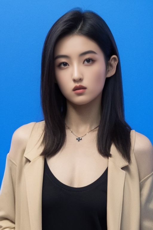 (masterpiece, top quality),best quality,fair skin,(extremely detailed face),((looking at viewer)),1girl,bare shoulders,black hair,black shirt,blue background,(full_shot),closed mouth,jacket,jewelry,lips,long hair,looking at viewer,necklace,parted lips,realistic,shirt,solo,no watermark,,<lora:zzf:1>