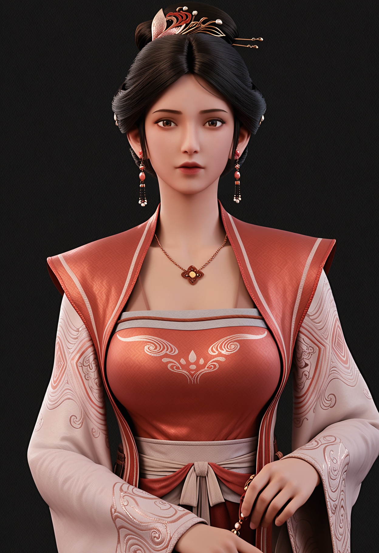 score_9,looking_at_viewer,upper body,(large breasts:0.8),xushi,1girl,solo,black hair,jewelry,earrings,realistic,hair ornament,hair bun,necklace,brown eyes,chinese clothes,lips,long sleeves,dress,hanfu,shoes,(simple background,pure black background,black background:1.1),perfect_anatomy,<lora:QQSponyxushiV1:0.8>,