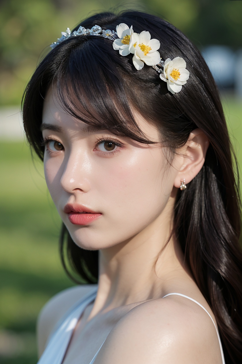1girl, solo,(front view:1.2),(looking_at_viewer:1.4),(eye-contact:1.4),,black hair, long hair, jewelry, realistic, earrings, hair ornament, black eyes, lips, collarbone, parted lips, flower, watermark, upper body, portrait, hair flower, dress, web address,  <lora:YG红颜阁美女6:0.8>,