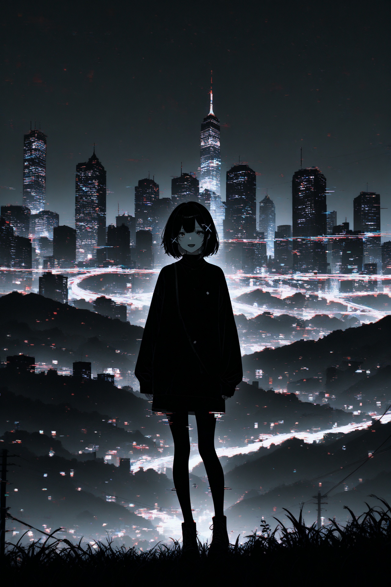 masterpiece,best quality,amazing quality,very aesthetic,absurdres,newest,1girl,looking at viewer,full body shot,sleeves,full body,:d,glitch art,glitching,glitch,scanlines,monochrome,outdoors,power lines,wide shot,reddish sky,grass,hill,expressionless,x hair ornament,city lights in background,city in background,skyscraper in background,skyline,stylish,dark theme,
