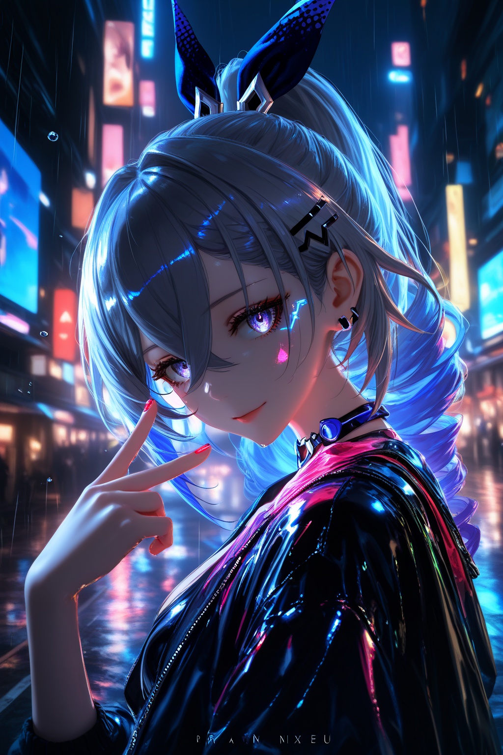 masterpiece,best quality,amazing quality,very aesthetic,absurdres,newest,highres,nixeu:0.5,yoneyama mai:0.5,1girl,solo,silver wolf \(honkai: star rail\),honkai \(series\),cyberpunk,street,night,darkness,metallic texture,from side,ray tracing,pointing to you,rain drops on the girl,strong color performance,oil painting style,