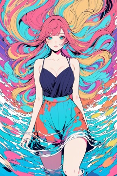 (flat color:1.1),(colorful,yoneyamamai:1.3),(masterpiece:1.2),best quality,masterpiece,original,extremely detailed wallpaper,looking at viewer,1girl,solo,floating colorful water,