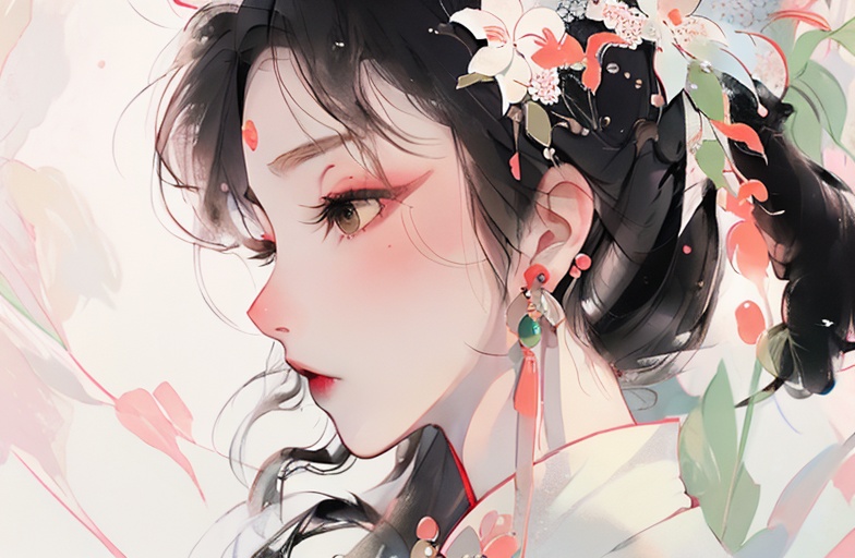 1girl,solo,black hair,makeup,profile,jewelry,red lips,white background,earrings,simple background,hair ornament,portrait,flower,<lora:Ancient beauty_古风美人:1.2>,