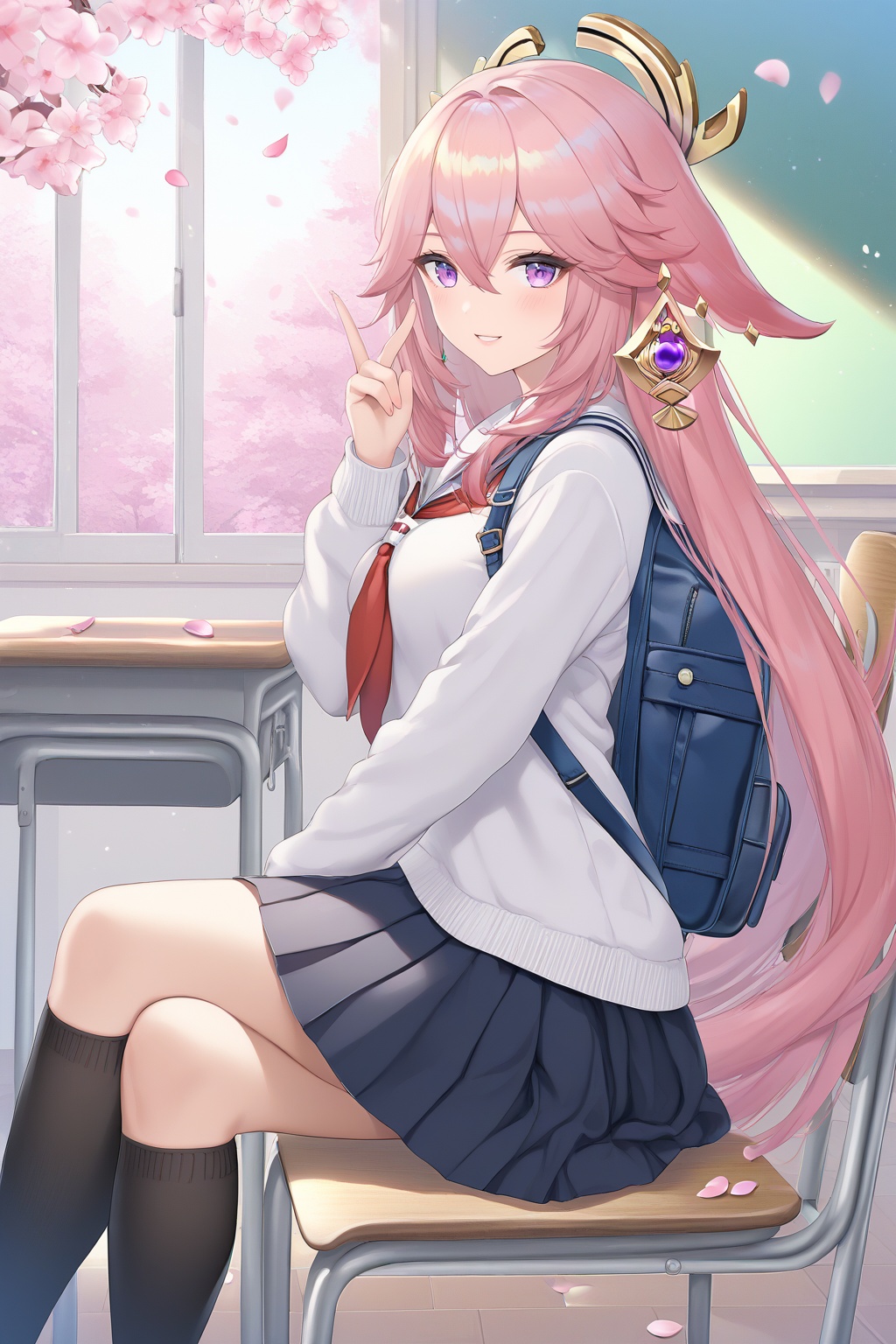 score_9,score_8_up,score_7_up,score_6_up,source_anime,source_cartoon,<lora:Yae MikoTuPONYXL-000008:1>,yae miko,1girl,skirt,school uniform,long hair,pink hair,phone,fox shadow puppet,sitting,solo,bag,fox ears,breasts,purple eyes,looking at viewer,cellphone,classroom,crossed legs,serafuku,smile,holding,indoors,thighs,holding phone,shirt,smartphone,school desk,socks,desk,sailor collar,chair,white shirt,long sleeves,pleated skirt,backpack,jacket,jewelry,black skirt,school chair,earrings,petals,neckerchief,red neckerchief,very long hair,hair ornament,parted lips,kneehighs,blush,black socks,cherry blossoms,on chair,window,falling petals,from side,animal ears,