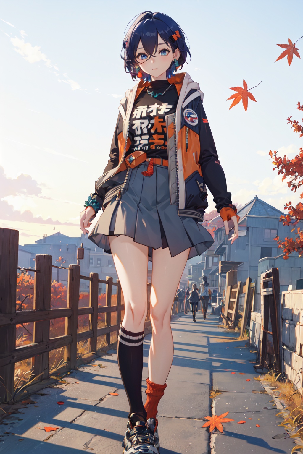 <lora:Belle-000018:0.8>,Belle CYQL,1girl,looking at viewer,solo,blue hair,short hair,hair between eyes,blue eyes,jewelry,hair ornament,hairclip,earrings,hood,jacket,shirt,black shirt,long sleeves,open clothes,open jacket,black jacket,multicolored clothes,fingerless gloves,wrist scrunchie,grey skirt,asymmetrical legwear,uneven legwear,single kneehigh,single sock,shoes,teasing_smile,upper_body,In the golden season of autumn, maple leaves blaze like flames, covering the hillsides in hues of red and yellow. Fallen leaves pave paths of brilliance,beautiful detailed sky,beautiful detailed glow,posing in front of a colorful and dynamic background,masterpiece,best quality,beautiful and aesthetic,contrapposto,female focus,wallpaper,