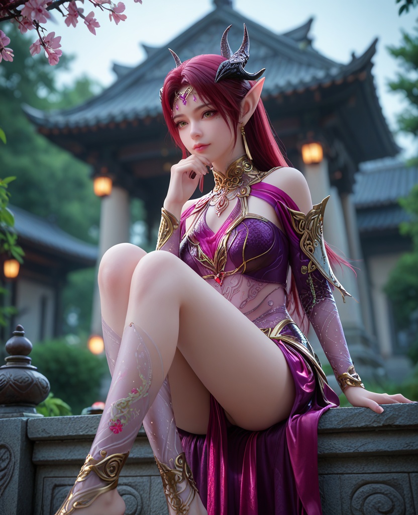 (oriental architecture, elegant decor, sophisticated style:1.1),(Sitting on a windowsill, legs dangling outside, lost in thought,:1.1),(breasts:1.2),<lora:XL百炼成神剑灵妖夜:0.8>,miss yaoye,long hair,jewelry,red hair,pointy ears,armor,earrings,horns,hair ornament,breasts,barefoot,socks,yellow eyes,lips,elf,, zPDXL2, score_9, score_8_up, score_7_up BREAK realistic, masterpiece,best quality, highly detailed,, zPDXL3, zPDXL2,zPDXL, zPDXLxxx, zPDXLrl,