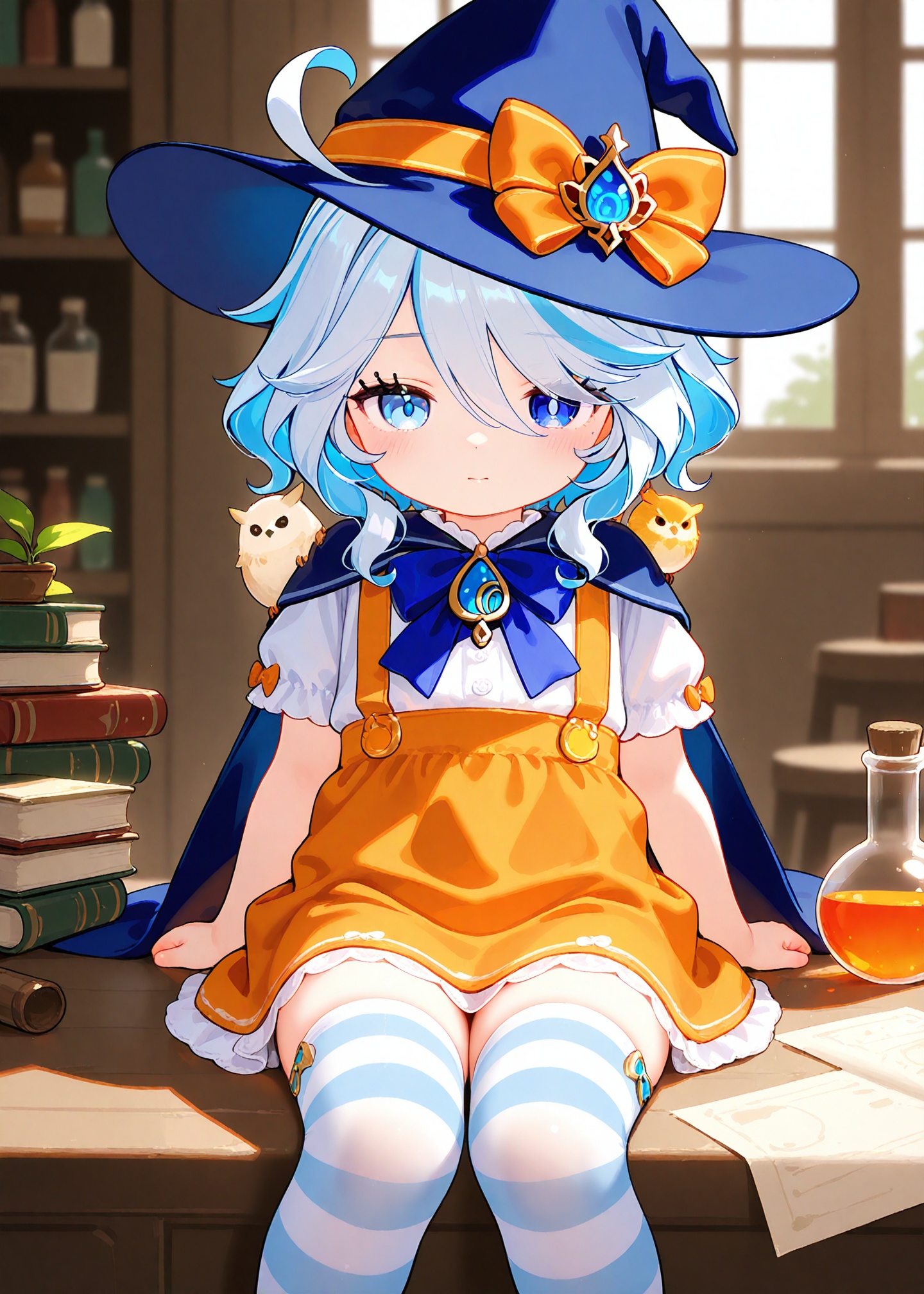 toddler,kindergartener,female child,underage,petite,cute,kawai,little girl,kid,underage,aged_down,loli,masterpiece,best quality,high quality,chromatic_aberration,distil10,cxwalft01,cxsugerlolijio,1girl,solo,looking at viewer,short hair,bangs,skirt,thighhighs,hat,bow,holding,sitting,closed mouth,short sleeves,striped,puffy sleeves,indoors,cape,blurry,puffy short sleeves,zettai ryouiki,window,black headwear,witch hat,bird,animal,striped thighhighs,witch,orange skirt,animal on shoulder,owl,flask,vial,potion,bird on shoulder,round-bottom flask,furina /(genshin impact/),furina (genshin impact),