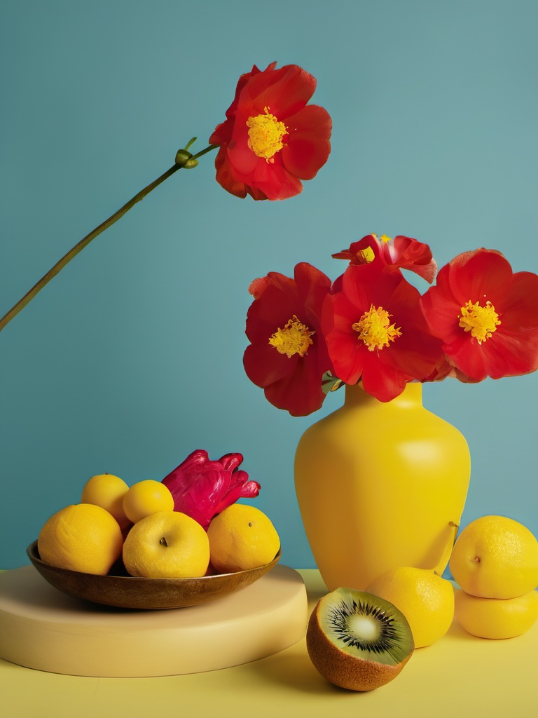 huangse,no humans,flower,still life,red flower,food,fruit,yellow theme,plant,yellow background,food focus,masterpiece,8K,realistic,UHD,<lora:huangse 1.0:1>,