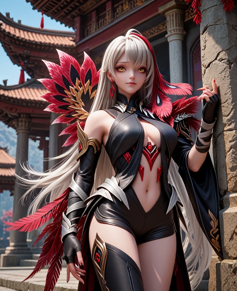 (oriental architecture, elegant decor, sophisticated style:1.1),(leaning against the wall:1.1),(large breasts:1.2),<lora:XL16王者荣耀景影东君:0.95>,miss ying,black leather combat attire,yellow eyes,white hair,very long hair,hair ornament,single earring,fingerless gloves,feathers,asymmetrical legwear,jewelry,sash,, score_9,score_8_up,score_7_up,score_6_up,score_5_up,score_4_up,3d rendering,tag1,tag2, Cinematic Lighting,backlighting,, zPDXL3, zPDXL2,zPDXL, zPDXLxxx, zPDXLrl,
