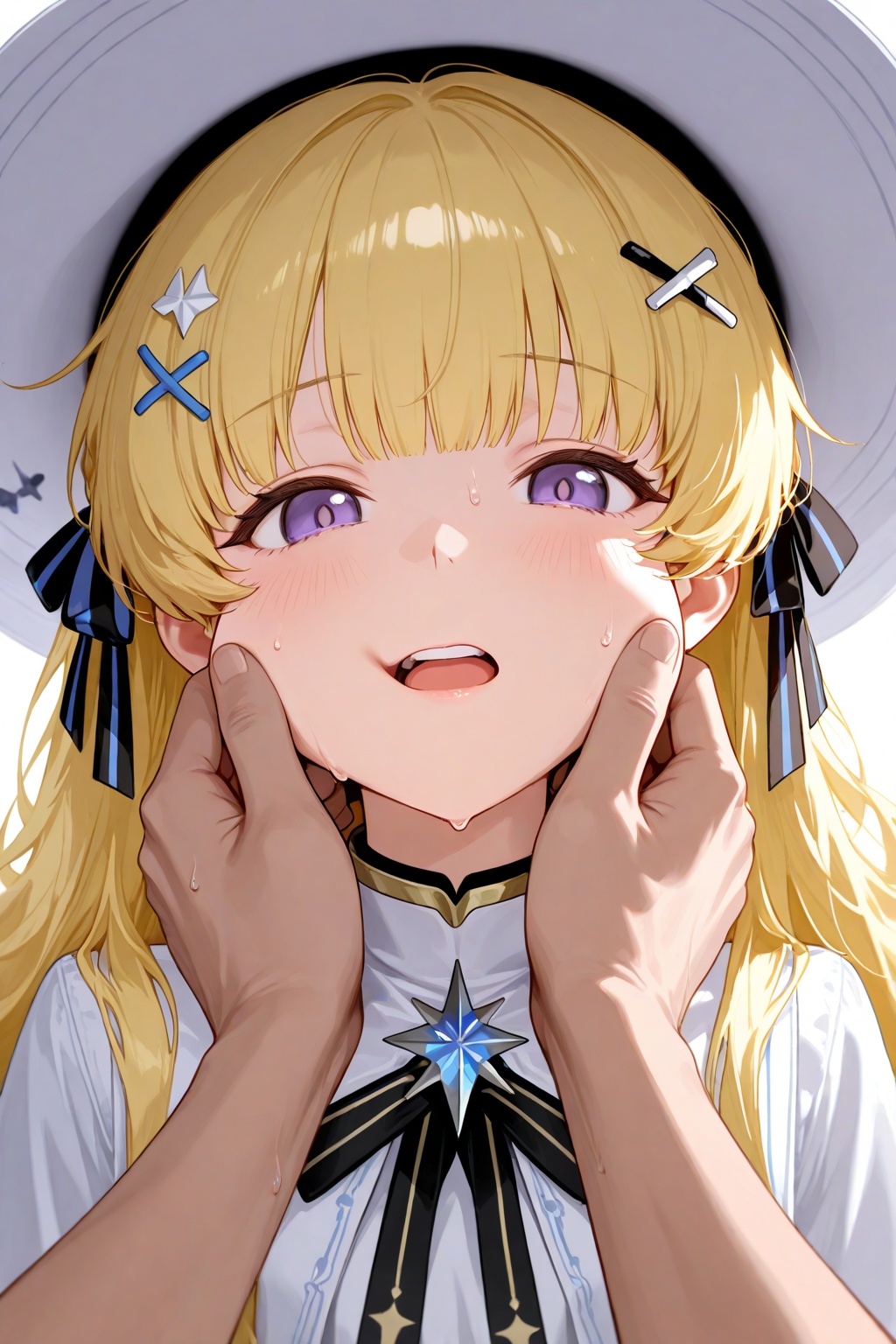 1boy, 1girl, phoebe \(wuthering waves\), black ribbon, blonde hair, cheek pinching, cross hair ornament, hair ornament, hair ribbon, hat, long hair, looking at viewer, open mouth, pinching, ribbon, shirt, solo focus, sweat, teeth, upper body, upper teeth only, white hat, white shirt, purple eyes, hat
