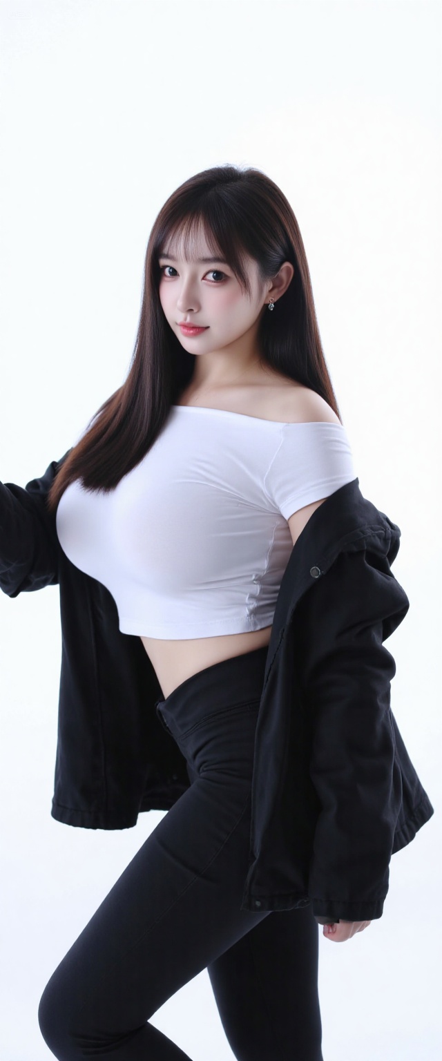 XUER poster art,1girl,solo,long hair,breasts,looking at viewer,simple background,shirt,black hair,white background,navel,brown eyes,jewelry,standing,jacket,earrings,open clothes,midriff,pants,off shoulder,open jacket,lips,black jacket,crop top,black pants,blue theme,<lora: XUER poster art:0.8>,A shot with tension,(Visual impact,giving the poster a dynamic and visually striking appearance:1.2),impactful picture,(full body:1.3),(masterpiece, best quality:1.2),offcial art,colorful,splash of color,movie perspective,advertising style,magazine cover,fashionable,, Negative prompt: ng_deepnegative_v1_75t,(badhandv4:1.2),EasyNegative,(worst quality:2),,nsfw, Steps: 23, Sampler: Euler, CFG scale: 4.0, Seed: 258835918, Size: 640x1536, Model hash: 467592de7c, Model: 绪儿一青十色FLUX_FB8V1.safetensors, Denoising strength: 0, RNG: CPU, Lora 1: 星梦·主宰·柔光盒子_强化白光, Lora Hash 1: 063da202b3, Lora Weight 1: 0.1, Lora 2: PDLX_梦核（摄影滤镜）-FLUX_梦境诡异朦胧感, Lora Hash 2: cf3d605a21, Lora Weight 2: 0.1, Lora 3: F.1极致摄影-丰腴曲线-梨型身材, Lora Hash 3: 60a70dc34b, Lora Weight 3: 0.9, Lora 4: F.1丰腴大雷, Lora Hash 4: 8714c43a76, Lora Weight 4: 0.4, vae_name: automatic