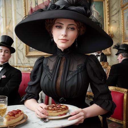 masterpiece,  uhd,  sharp color photo of a beautiful woman wearing a high-neck layered black dress on Tensor.Art