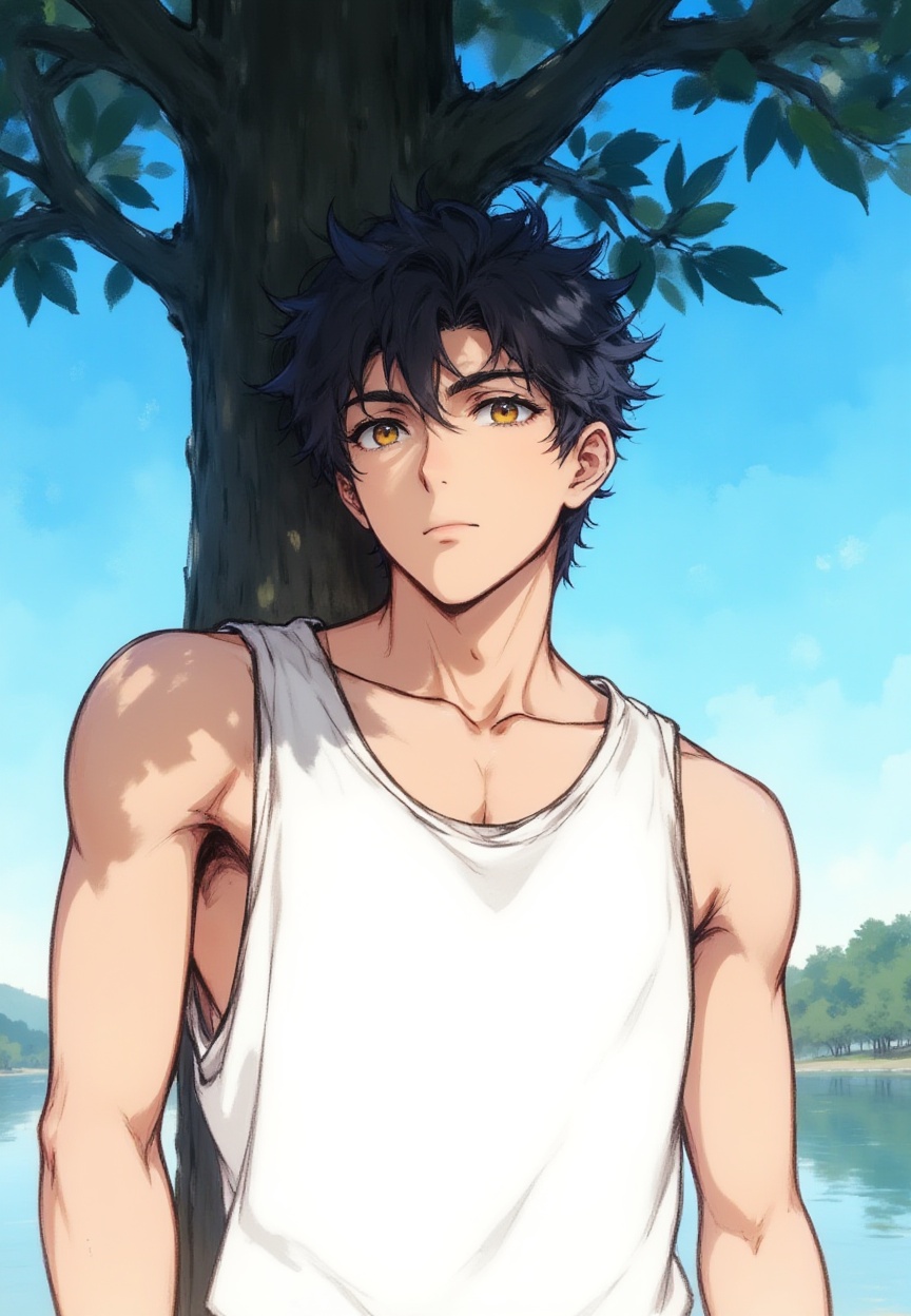The image shows a man in a white **** top standing in front of a tree,with a blue sky in the background. The painting is a fanart of the anime series The Legend of Heroes: Trails of Cold Steel III.,,<lora:手工绘画风(1):1>,