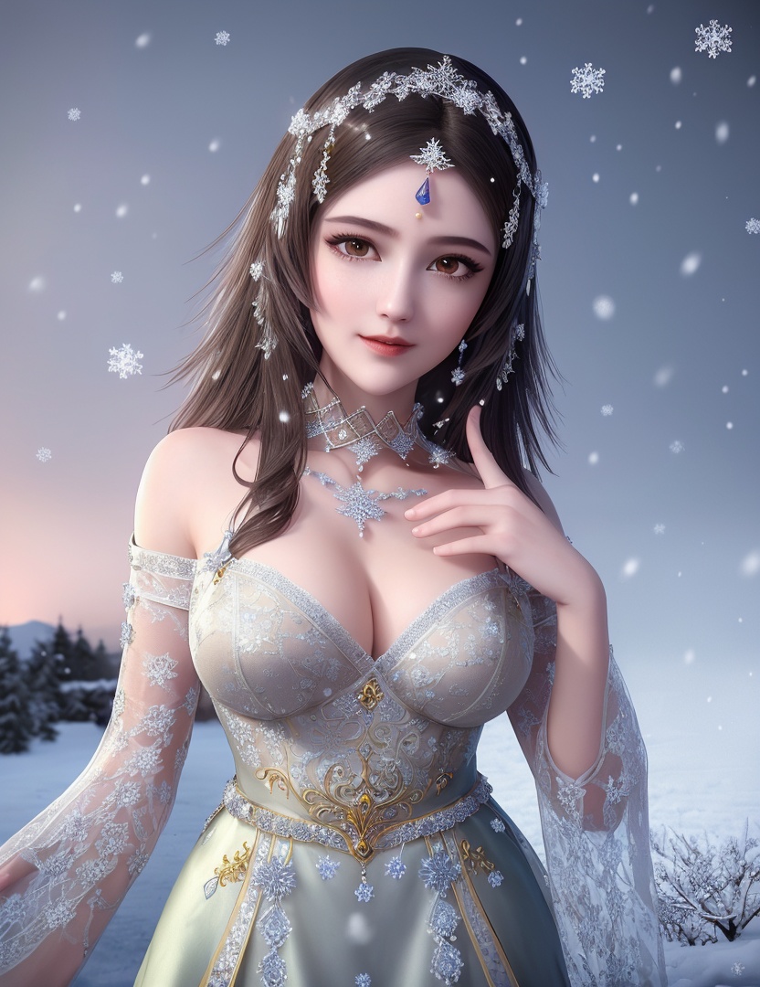 ultra realistic 8k cg, flawless, clean, masterpiece, professional artwork, famous artwork, cinematic lighting, cinematic bloom, perfect face, beautiful face, fantasy, dreamlike, unreal, science fiction,   lace, lace trim, lace-trimmed legwear, luxury, jewelry, diamond, gold, pearl, gem, sapphire, ruby, emerald, intricate detail, delicate pattern, charming, alluring, seductive, erotic, enchanting, hair ornament, necklace, earrings, bracelet, armlet,halo,autumn,((,1girl, pov,best quality, ))  , ((((1girl, solo,outdoors, large breasts,,snowflakes,  snow, snowing,   ))))    <lora:DA_BaiCai:0.7>