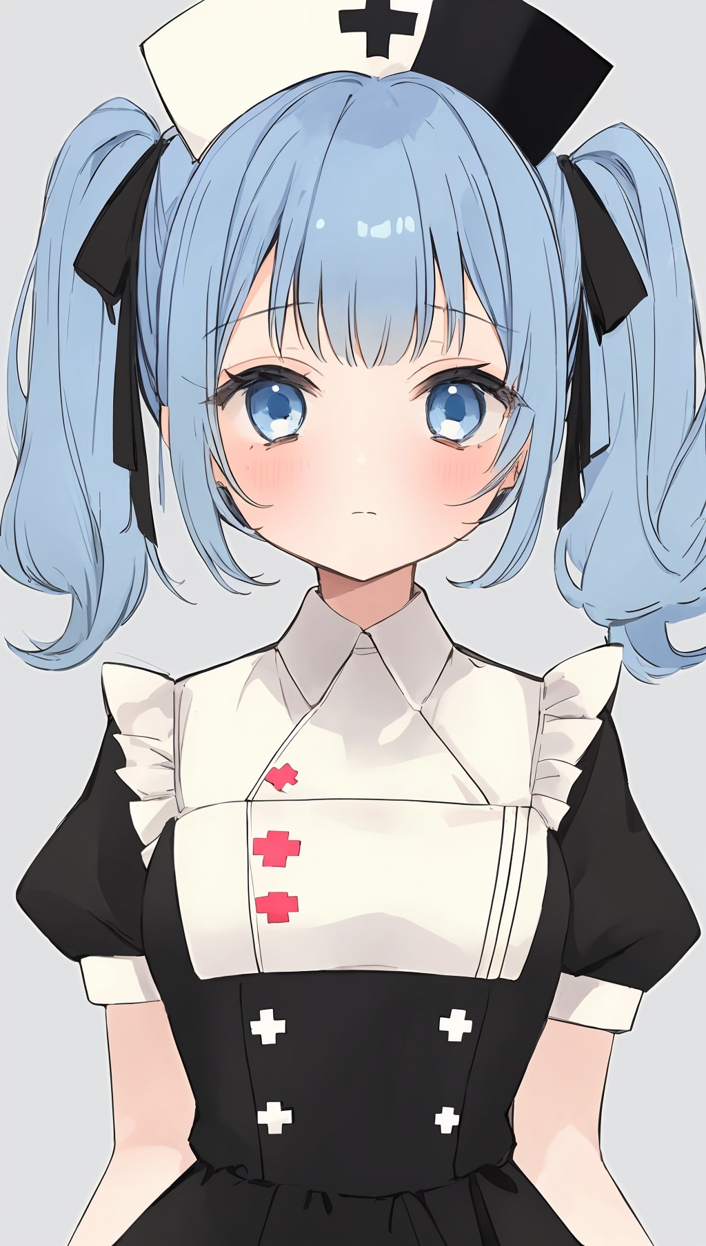 1girl,solo,nurse cap,hat,twintails,blue eyes,blue hair,blush,upper body,grey background,looking at viewer,closed mouth,bangs,puffy sleeves,dress,simple background,nurse,hair ribbon,ribbon,frills,white headwear,black dress,