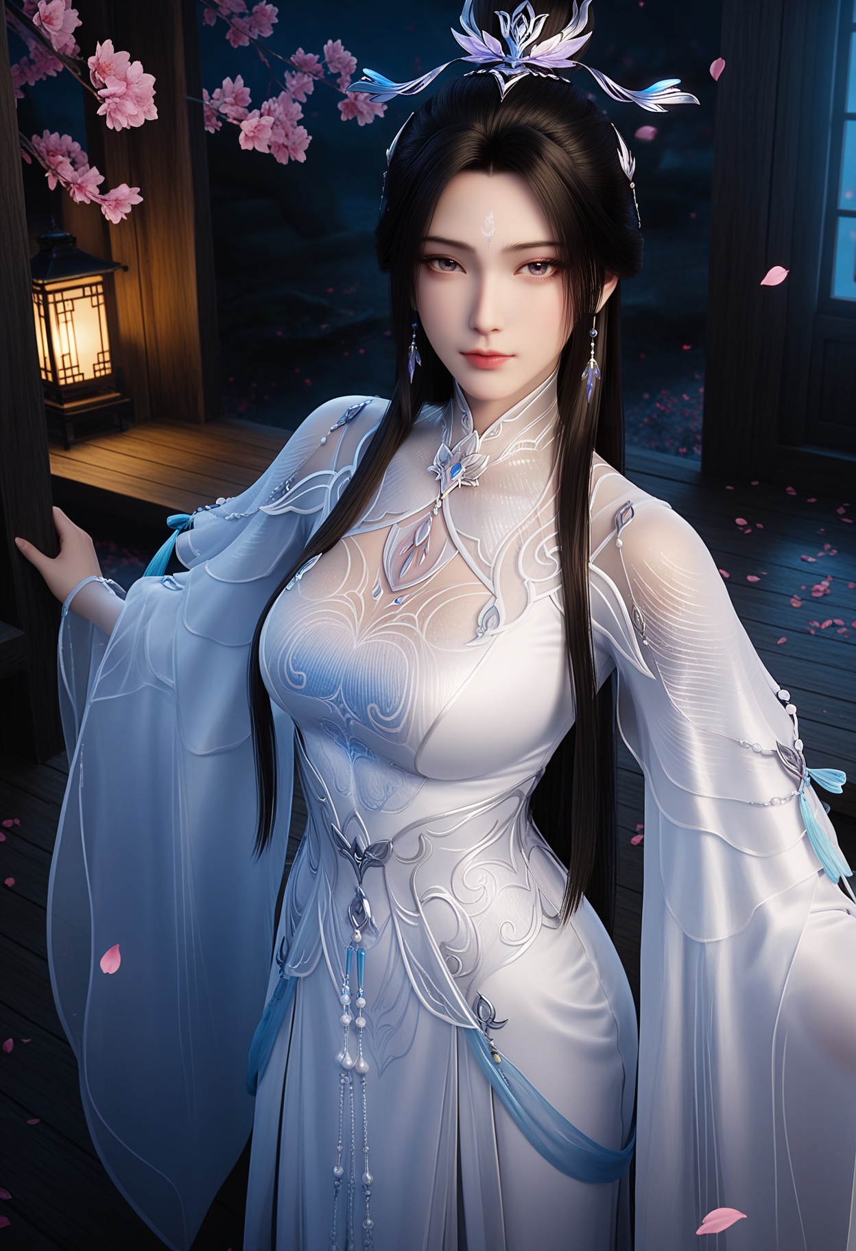 masterpiece,best quality,amazing quality,very aesthetic,high resolution,ultra-detailed,absurdres,scenery,photorealistic,(looking at viewer:1.1),upper body,(Dark room:1.3),(moody lighting:1.1),peach blossom,falling petals,(large breasts:0.8),luxueqi,1girl,solo,black hair,long hair,dress,jewelry,earrings,hair ornament,forehead mark,white dress,hair bun,realistic,chinese clothes,shoes BREAK photorealistic details,<lora:QQSillluxueqiV1:0.8>,