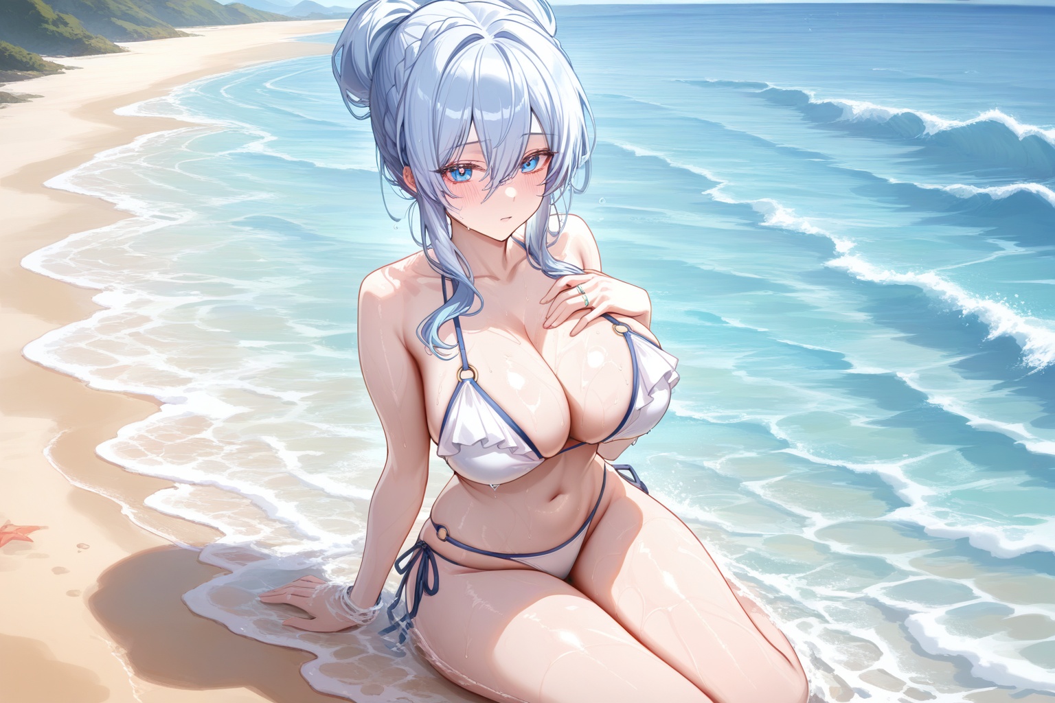 best quality,amazing quality,very aesthetic,absurdres,best quality,amazing quality,very aesthetic,absurdres,{{{{shiny skin}}}},{{{{oiled}}}},detail eyes,wallpaper,artist:aibek,artist:gwan-e,artist:kein_v,artist:liaowen,artist:sea_nami,artist:tansuan_(ensj3875),artist:ask_(askzy),artist:ciloranko,year 2023 BREAKcurvy,(narrow waist:1.1),<lora:Mifuyu Yukino:0.8>, -Mifuyu Yukino, 1girl, breasts, swimsuit, bikini, solo, blush, sitting, looking at viewer, beach, white bikini, cleavage, side-tie bikini bottom, jewelry, water, large breasts, hair between eyes, wet, blue eyes, hand on own chest, collarbone, outdoors, bangs, navel, ring, o-ring, sidelocks, day, bare shoulders, frills, thighs, long hair, sand, partially submerged, blue hair, shiny, hair bun