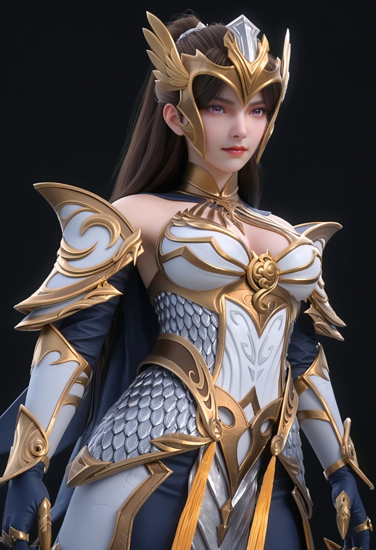 (cowboy shot:1.2),score_9,score_8_up,masterpiece,(best quality),intricate details,facing viewer,(looking at viewer:1.1),<lora:YQ_pony_nvzhanshen_V4:0.8>,q1528437228,1girl,solo,long hair,armor,black hair,shoulder armor,gauntlets,brown hair,ponytail,helmet,pauldrons,armored dress,hair ornament,breastplate,gloves,gorget,purple eyes,blue eyes,dress,vambraces,boots,brown eyes,armored boots,cape,BREAK(score_9:1.2),(score_8_up:1.2),masterpiece,best quality,very aesthetic,perfect anatomy,(hourglass),perfect face,(simple background,pure black background,black background:1.1),fair_skin,(shiny_skin:1.1),Ivory_skin,