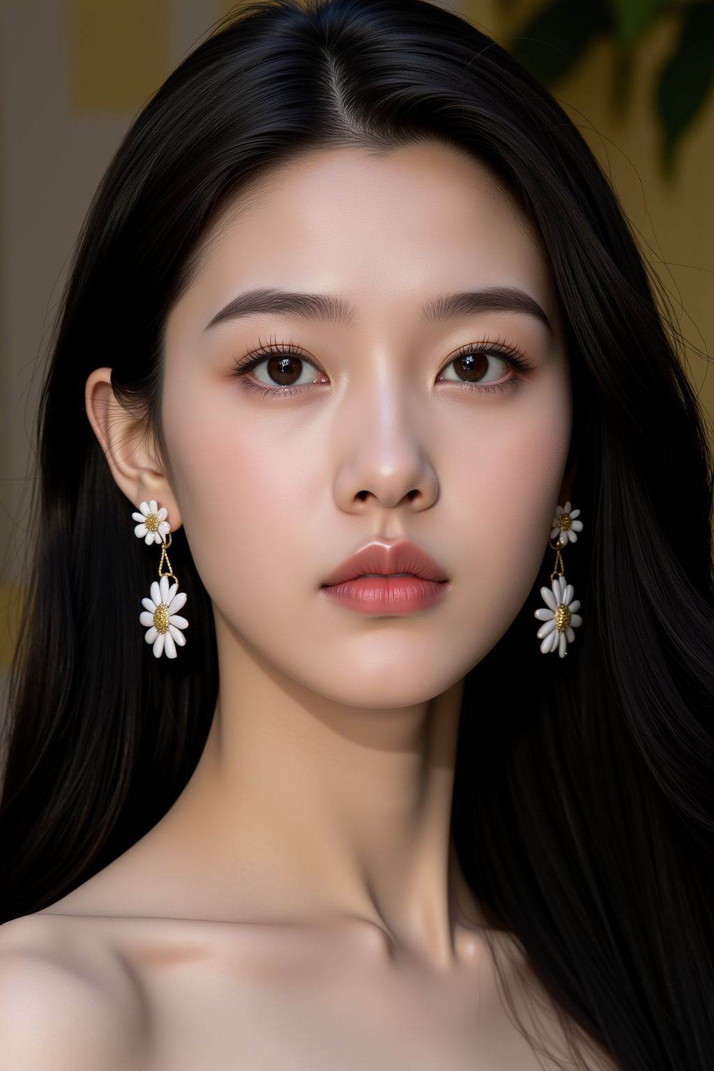 <lora:20250518_AgainCharactersF1Lora:1>, 1girl, solo, long hair, looking at viewer, black hair, jewelry, upper body, flower, earrings, parted lips, blurry, black eyes, lips, realistic, realistic skin, girlh,