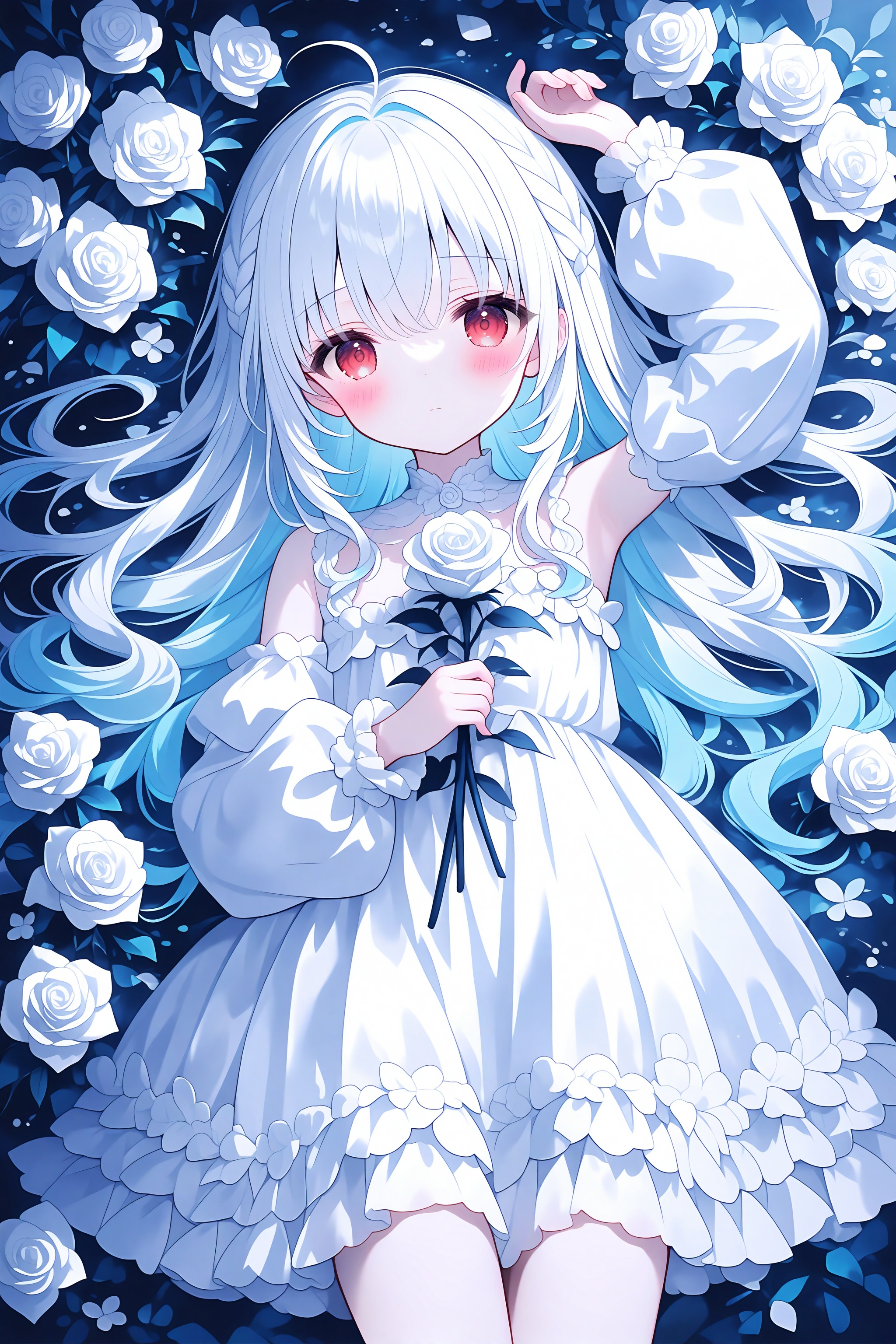 1girl, solo, long hair, looking at viewer, blush, bangs, red eyes, long sleeves, dress, hair between eyes, very long hair, closed mouth, blue hair, braid, flower, ahoge, white hair, multicolored hair, lying, frills, detached sleeves, puffy sleeves, virtual youtuber, on back, white dress, arm up, rose, frilled dress, white flower, puffy long sleeves, white sleeves, white rose<lora:lp37-000040:0.8>