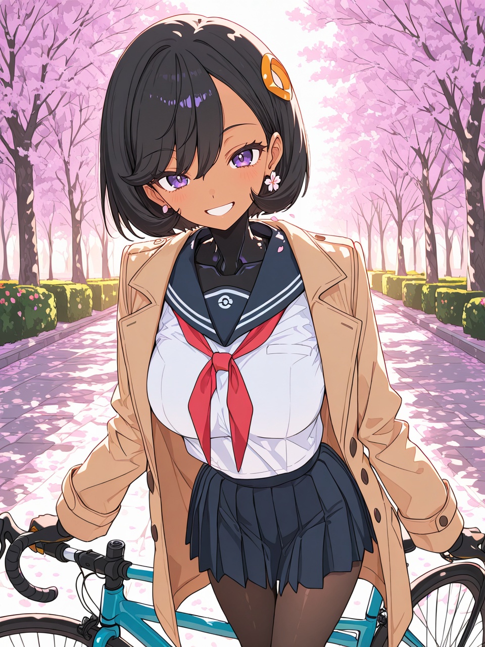navy sailor-style blouse with white trim,  loose neck ribbon,  pleated skirt swaying on Tensor.Art