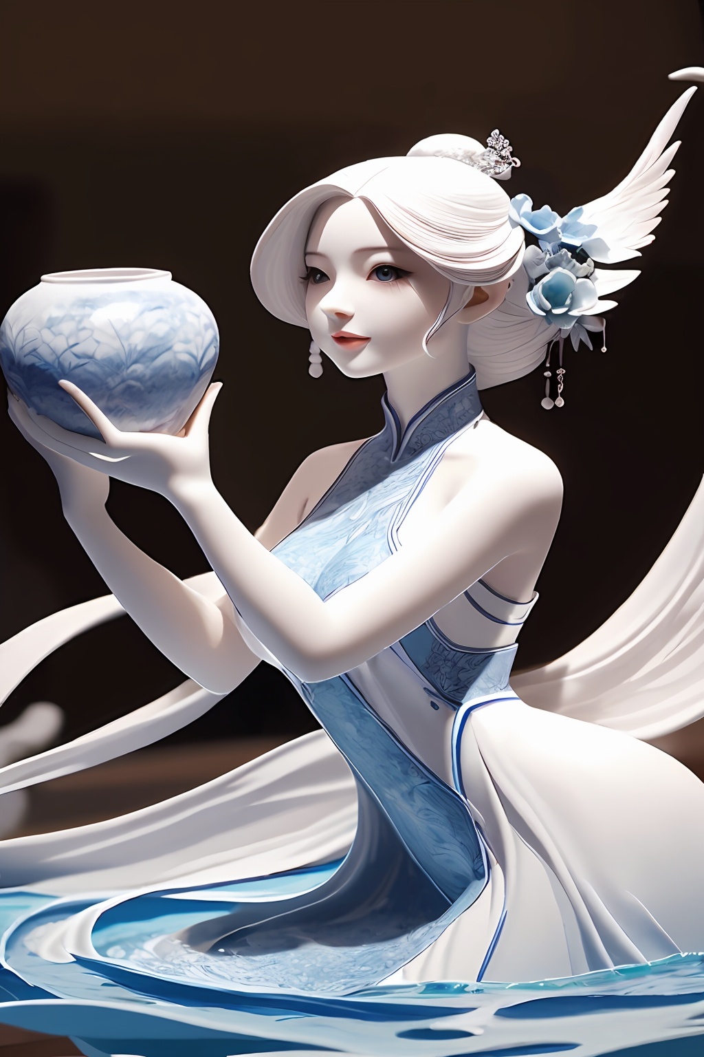 shouban,<lora:手办_v1.0:0.8>,1girl,in the strange landscape of the dream garden,an explorer wearing a flowing long dress,handheld compass,coincidentally observing a huge talking flower,surrounded by fish swimming upstream and flying flowers,her eyes sparkled with curiosity about the unknown,