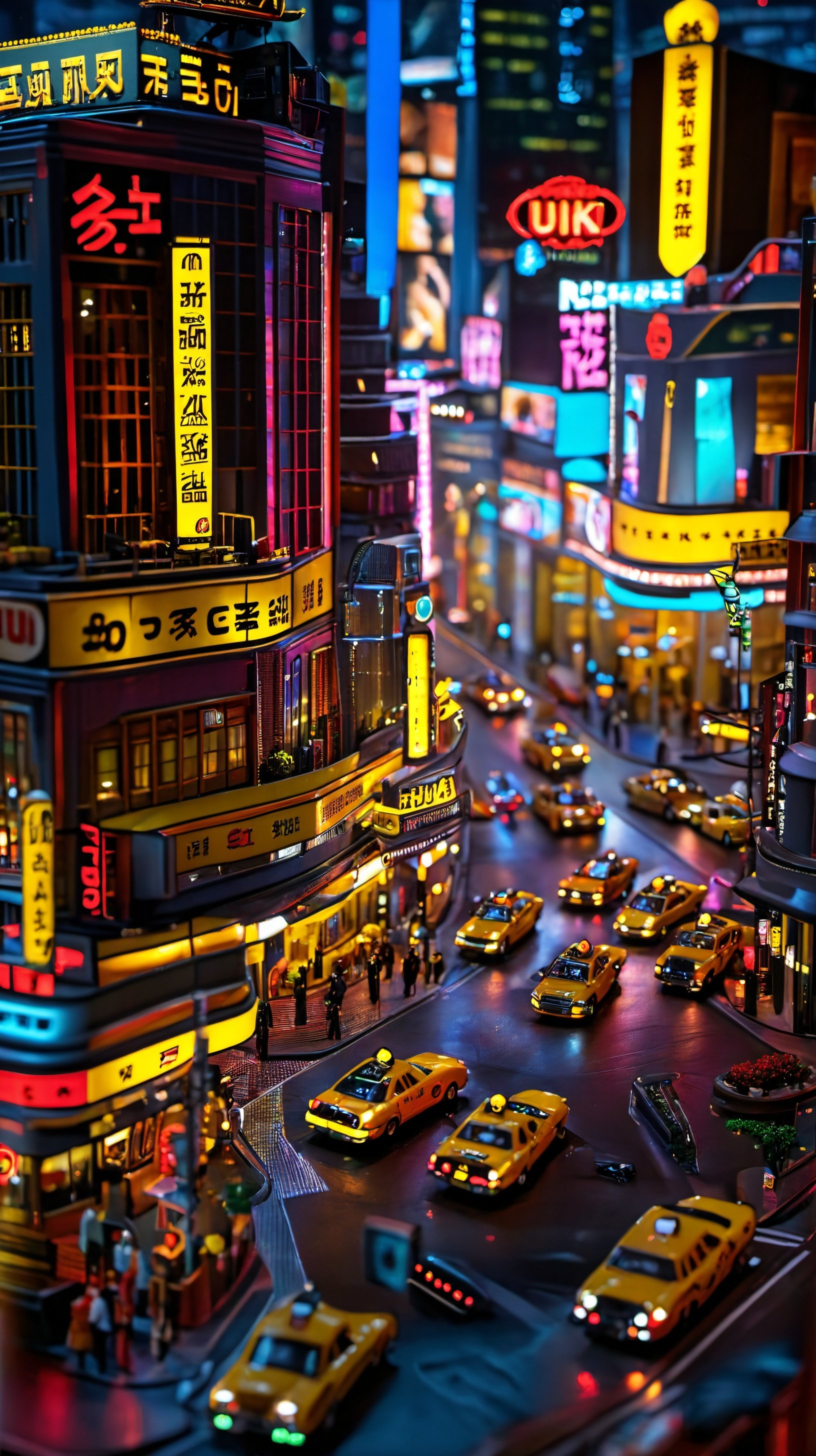 <lora:鼻涕泡_微缩王国_V1.0:1>,highly detailed,ultra-high resolutions,32K UHD,best quality,masterpiece,tao, chi, motor vehicle, car, road, night, blurry, street, city, outdoors,The image showcases a bustling cityscape at night, with neon lights illuminating the streets, yellow taxis, and a prominent 'Dotin' restaurant sign.