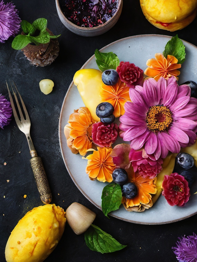 zisexi,no humans,still life,food focus,food,plate,knife,flower,realistic,black background,masterpiece,8K,realistic,UHD,<lora:zisexi 1.0:1>,