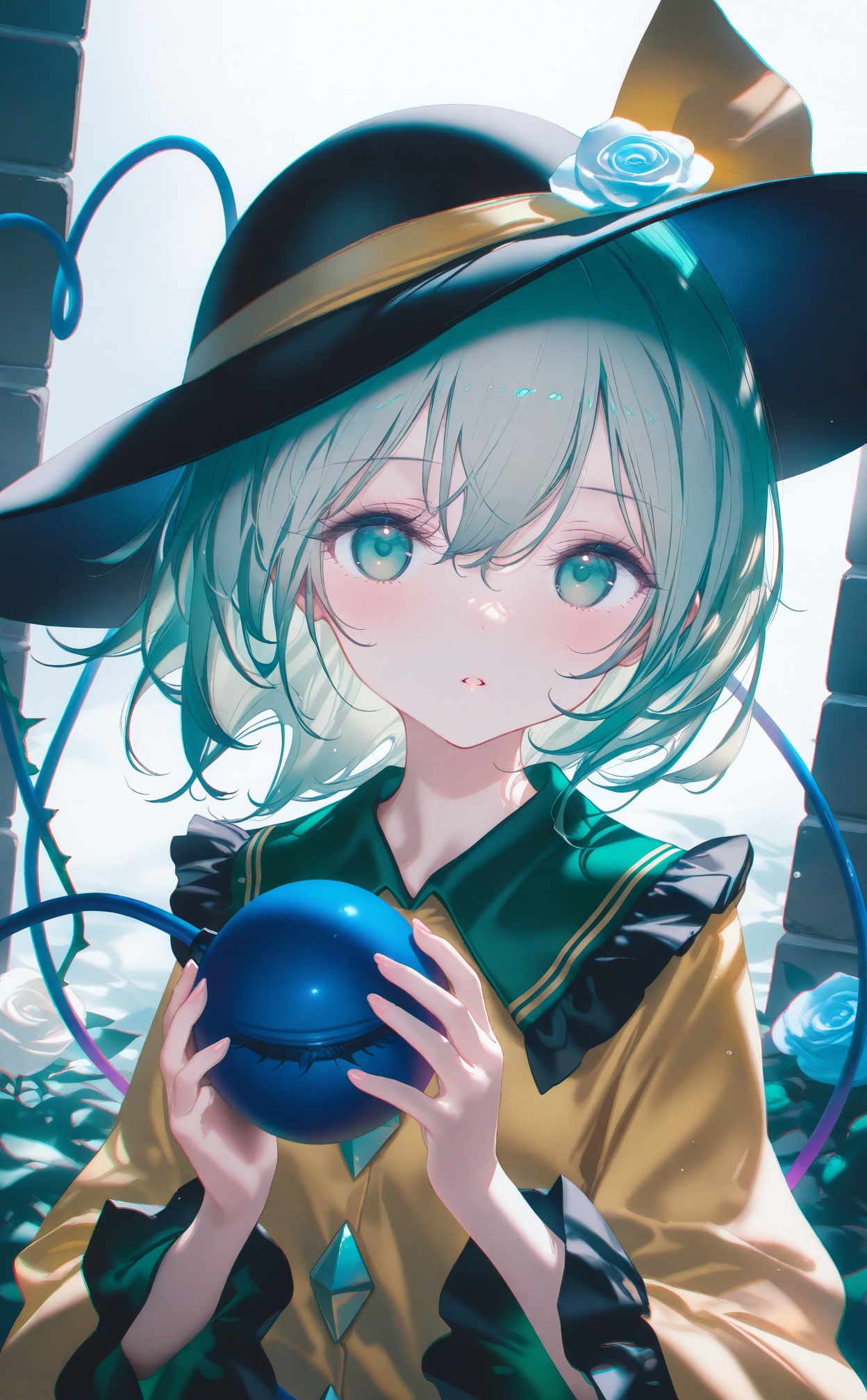 masterpiece,very aware,highres,absurdres,newest,best quality,loli,petite,high quality,chromatic_aberration,cinematic_angle,dutch angle,//,artist:konya_karasue,artist:Kinty,artist:tinker bell,artist:ciloranko,artist:ningen_mame,artist:sho_(sho_lwlw),artist:rhasta,artist:ke-ta,artist:hiten \(hitenkei\),//, 1girl, komeiji koishi, hat, solo, green eyes, flower, third eye, rose, wide sleeves, long sleeves, frills, black headwear, looking at viewer, yellow shirt, frilled sleeves, shirt, upper body, green hair, bubble, blue flower, hat flower, yellow bow, frilled shirt collar, blue rose, white flower, bow, hair between eyes, hat ribbon, parted lips, holding, hat bow, white rose, short hair, ribbon, medium hair, buttons, blouse, hands up, yellow ribbon, eyeball, plant, fingernails, vines, diamond button, leaf, thorns, floral print, soap bubbles, collared shirt, expressionless, koishi day, heart, open mouth, brick wall, blush <lora:amei4-000025:0.8>