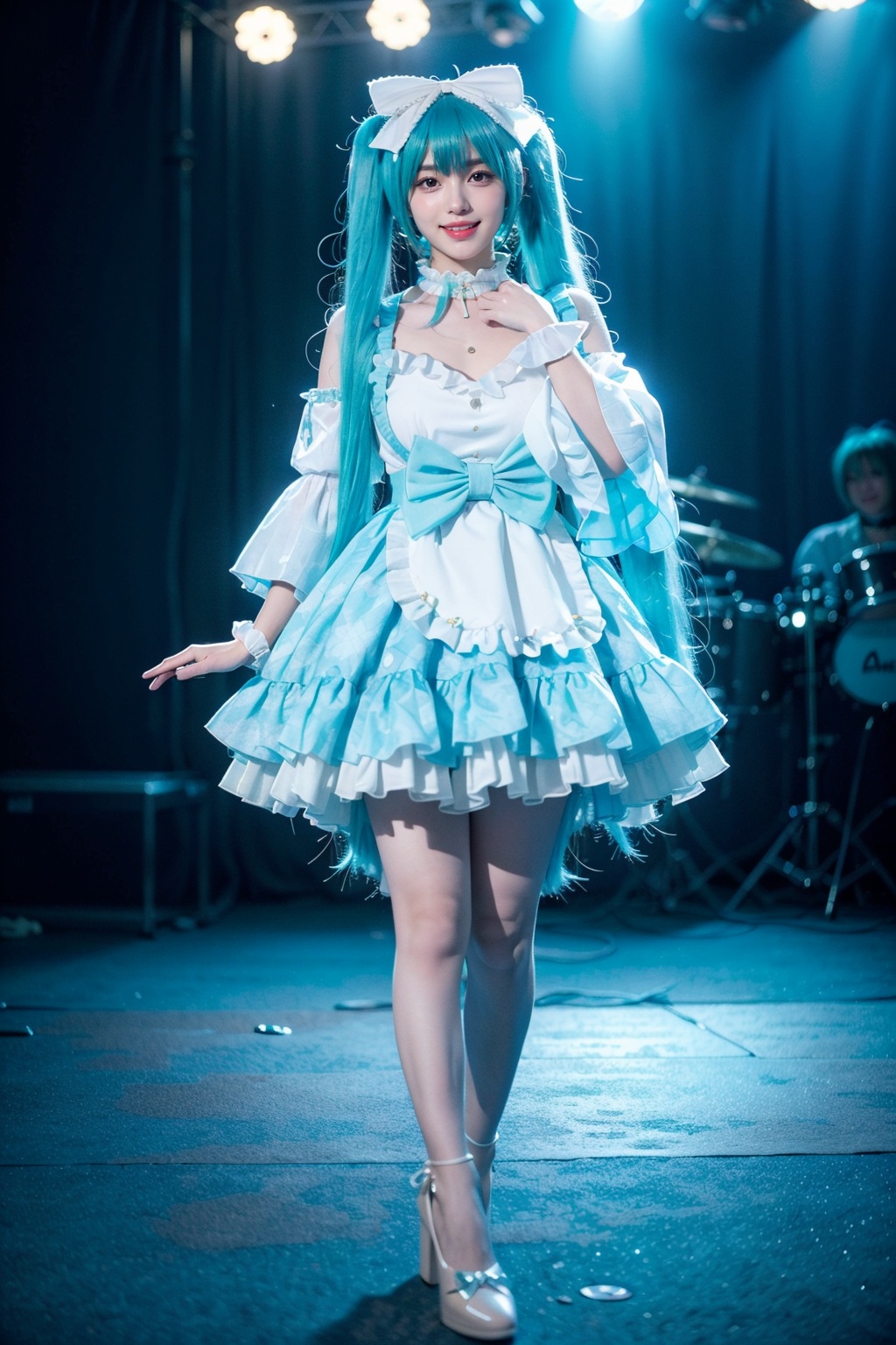 realistic, photorealistic, best quality, masterpiece, highres, 8k, RAW photo, ultra-detailed, full body, 1girl, solo, smile, looking at viewer, standing, miku cosplay costume, hatsune miku, cosplay, aqua hair, very long hair, twintails, dress, frilled dress, frills, long sleeves, wide sleeves, choker, bow, hair bow, ribbon, wrist cuffs, high heels, in stage, spotlight, bands, audience, <lora:miku_cosplay_16thAnnDress_v1:0.7>