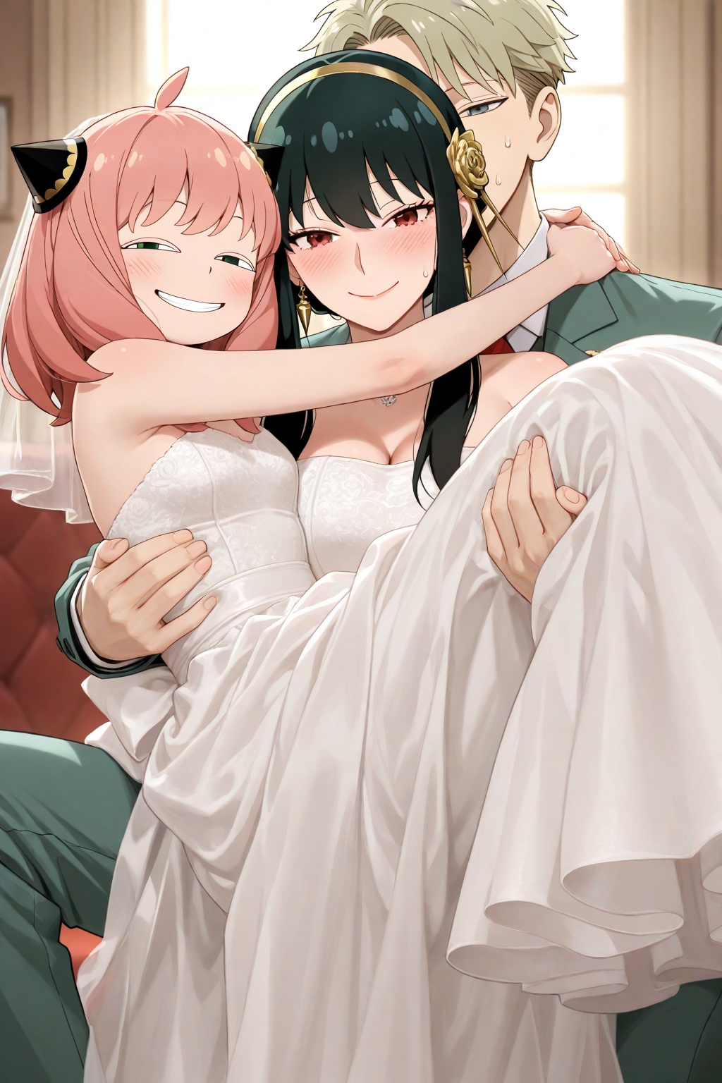 masterpiece,best quality,very awa,1boy and 2girls,anya \(spy x family\),yor briar,twilight \(spy x family\),anya \(spy x family\),twilight \(spy x family\),sitting on shoulder,anya's heh face \(meme\),anya \(spy x family\),sitting on shoulder,anya's heh face \(meme\),yor briar,twilight \(spy x family\),princess carry,wedding dress,smile,yor briar,princess carry,wedding dress,smile,twilight \(spy x family\),carrying person,sweat,