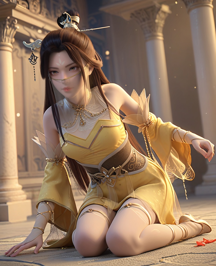 (oriental architecture, elegant decor, sophisticated style:1.1),Dynamic Landing, One knee on the ground, fist pressed against the ground after a powerful landing,,(breasts:1.2),<lora:XL完美世界凤舞>,miss fengwu,solo,yellow dress,chain ornament,sash,brown eyes,forehead mark,mouth veil,black hair,long hair,hanging hair,hair stick,hair bun,detached sleeves,wide sleeves,wristband,thighhighs,tassel,, zPDXL2, score_9, score_8_up, score_7_up BREAK realistic, masterpiece,best quality, highly detailed,, zPDXL3, zPDXL2,zPDXL, zPDXLxxx, zPDXLrl,