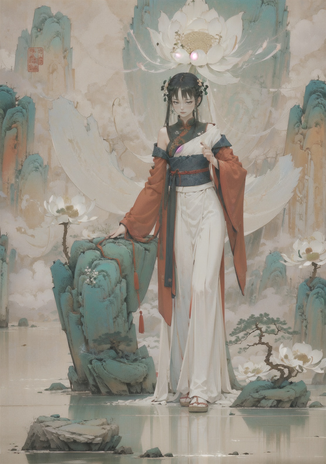 Foshan,  fo hills,  ethereal sceneserene landscapeinfinite peacetranquilityone Daoist monkone laypersontwo dancing girlsfl...