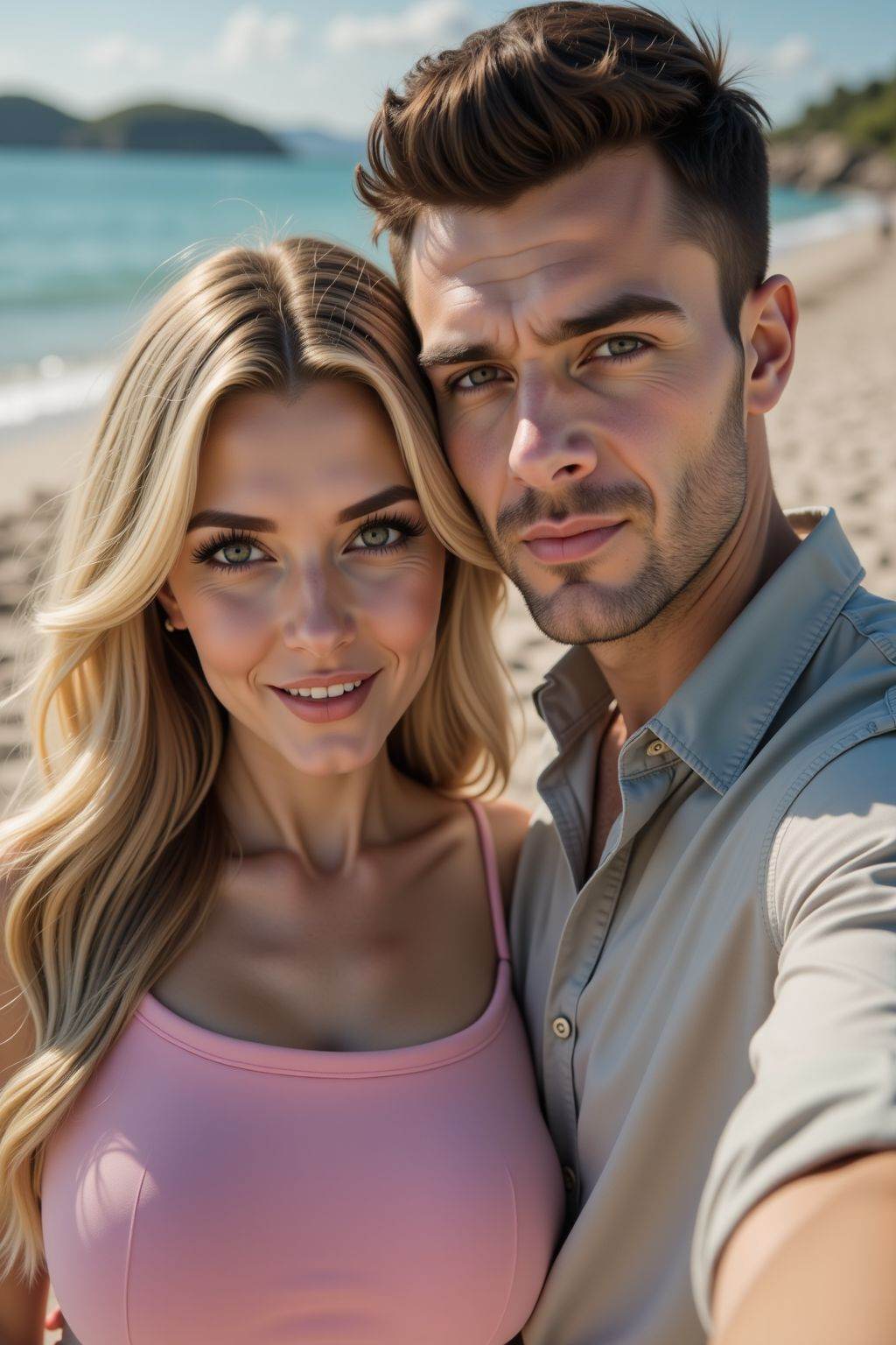 HDR photo of cinematic film still, This is a photograph of a young couple posing for a selfie outdoors. The woman with long blonde hair, wears a pink boatneck dress. The man with short dark hair, is in a shirt.