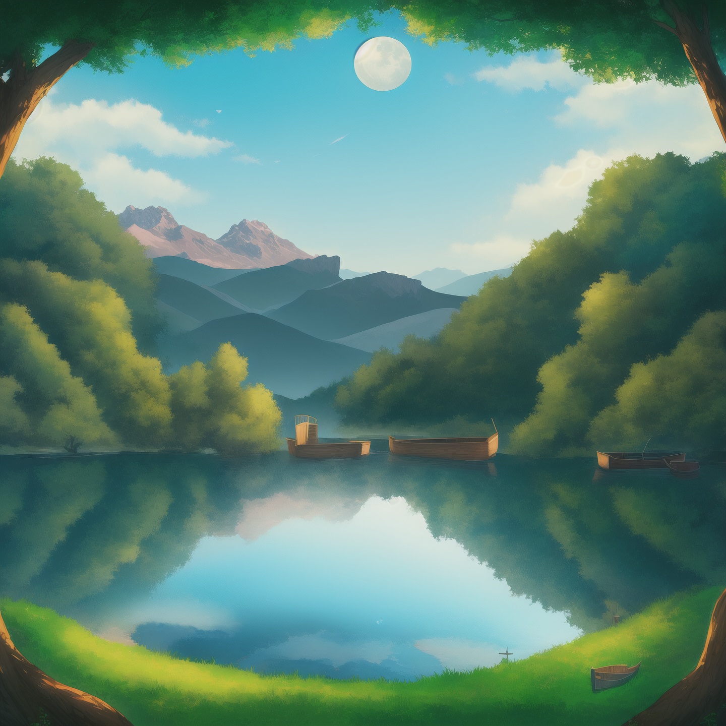 scenery, moon, watercraft, outdoors, boat, water, no humans, tree, sky, fantasy, reflection, day, mountain, lake, landscape, blue sky