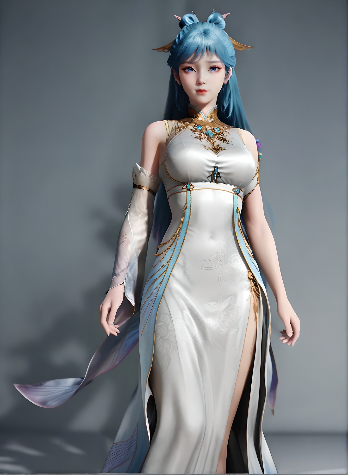 fair_skin,white_skin,Ivory_skin,score_9,<lora:SF_WangDongEr_Pony_Realism-000004:0.7>,hair ornament,dress,china dress,blue hair,1girl,breasts,large breasts,standing,detached sleeves,solo,looking at viewer,simple background,