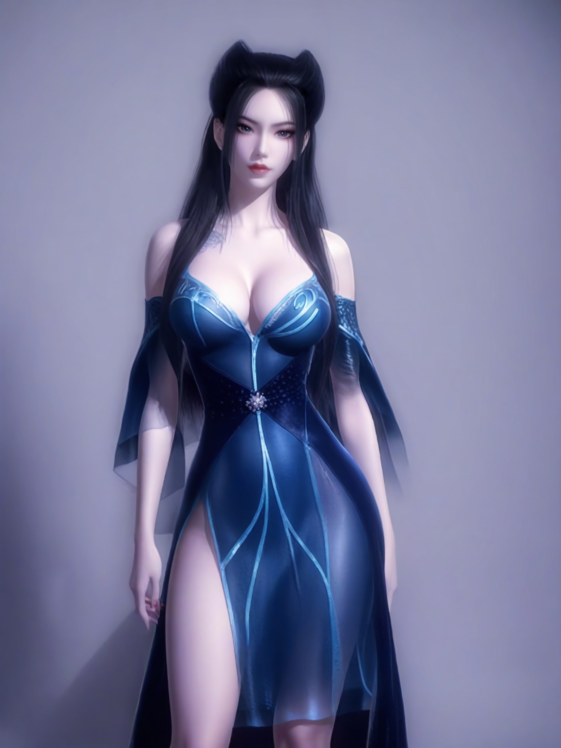 score_9,<lora:SF_YanLingJiBlueDress_Pony_Realism2.3-000004:0.7>,1girl,solo,standing,blue dress,breasts,large breasts,highleg,red lips,jewelry,raw lighting,looking at viewer,white background,simple background,