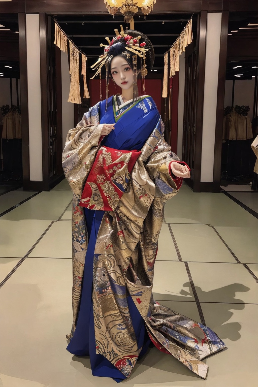 wsoiran,1girl,headpiece,(full body:1.1),ornate,oversized clothes,facing viewer,