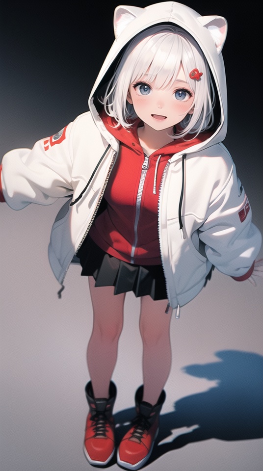 (best quality), ((masterpiece)), (highres), illustration, original, extremely detailed,ooo, 1girl, solo, hood, smile, open mouth, white hair, looking at viewer, shadow, long sleeves, standing, bangs, blush, black skirt, hood up, jacket, white background, hair ornament, full body, skirt, white jacket, animal hood, animal ears, simple background, red shirt, shoes, hairclip, blue eyes, hooded jacket, sleeves past wrists, grey eyes, fang, zipper, turtleneck, short hair, shirt, red footwear, boots