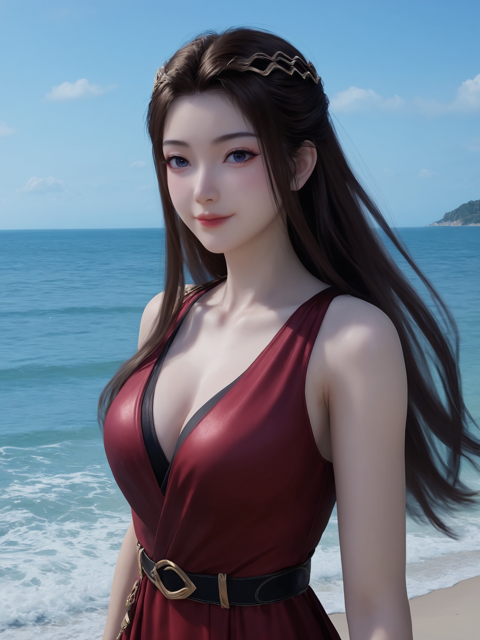 realistic style photo outstanding style,tall,cute,in her teens. Use soft lighting to cast gentle shadows on the subject,adding a touch of dimension to your images without compromising details,score_9,Seaside,beach,waves,<lora:元瑶Pony:0.6>,wearing a deep red gown with a V-neckline,cinched at the waist with a gold belt,