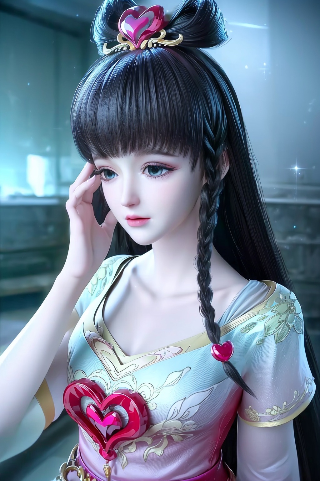 (8k, RAW photo, best quality, masterpiece:1.2),(super realistic, photo-realistic:1.3),ultra-detailed,extremely detailed cg 8k wallpaper,hatching (texture),skin gloss,light persona,(crystalstexture skin:1.2),(extremely delicate and beautiful),ultra-high resolution,surrealism,fantastical verisimilitude,fantastical creation,thriller color scheme,surrealism,abstract,psychedelic,1girl,solo,pink dress,sparkle,shine,reflection,(upper body:1.2),black hair, braid, long hair, solo, heart, upper body, twin braids,yll-hd,<lora:0720叶罗丽汉服:0.8>,ll-hd,<lora:1111白皙质感:0.5>,ty-hd,<lora:0110田野:0.6>,
