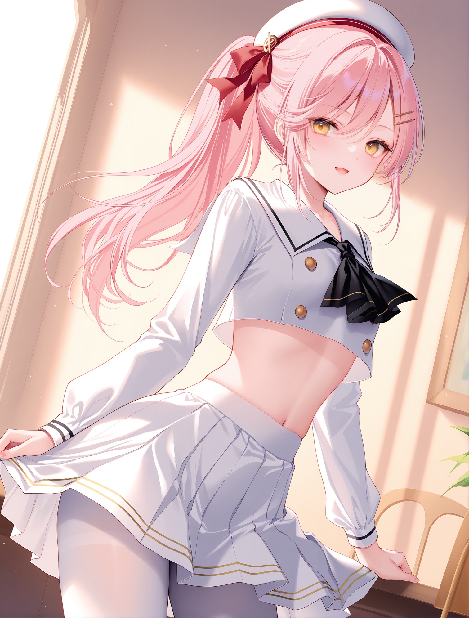 masterpiece, best quality, newest, absurdres, highres,(toosaka asagi: 0.5),(hiten \(hitenkei\):0.4),(rimuu:0.5),(mignon:0.5),(sheya:0.6),light smile,open mouth,   janus(school),,school uniform, white serafuku,  white skirt, crop top, long sleeves,beret,neckerchief,white pantyhose, 1girl,ponytail, yellow eyes, pink hair,hairclip,hair ribbon, long hair, indoors,standing, <lora:Janus(Uniform)XLNAI:1>