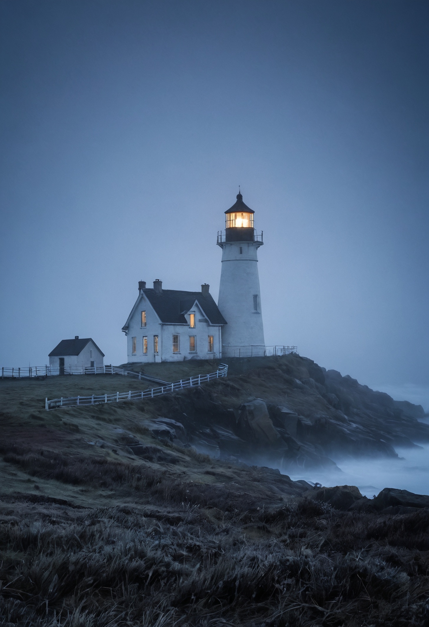 The island lighthouse in 'Melancholy Mists', enveloped by gentle, melancholic layers of midnight blue fog, evoking the introspective beauty of memories past in the delicate unfurling frost tendrils