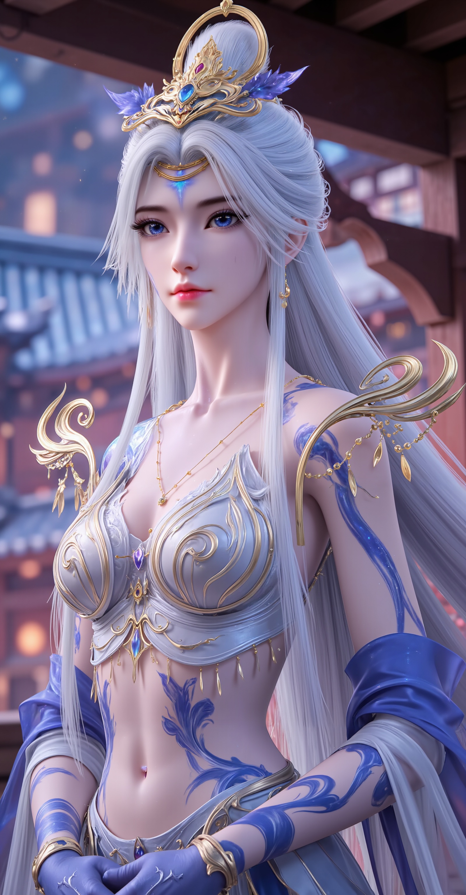 <lora:莫仙·10:1.1>,moxian,1girl,solo,long hair,blue eyes,hair ornament,white hair,jewelry,tattoo,blue tattoo,(cowboy_shot:1.1),crop_top,skirt,navel,tattoo,blue tattoo,right arm tattoo,stomach_tattoo,<lora:DJ滤镜_2.5D版:0.3>,lvjing,<lora:绚丽多彩·10:0.4>,guoman,close-up details,outstanding style,adding a touch of dimension to your images without compromising details,whirls of vapor,iridescent textures,(Anime:1.1),ethereal ambiance,delicate details,magical high-concept,32K UHD,sharp focus,best-quality,masterpiece,golden hour,unconventional supreme masterpiece,masterful details,temperate atmosphere,with a high-end texture,in the style of fashion photography,photography,cover,dynamic angle,dynamic posture,extreme aesthetic,masterpiece,best quality,good quality,very aesthetic,absurdres,visual impact,a shot with tension,ultra-high resolution,32K UHD,sharp focus,best-quality,masterpiece,emotionalization,unconventional supreme masterpiece,masterful details,temperate atmosphere,with a high-end texture,in the style of fashion photography,(visual impact:1.2),giving the poster a dynamic and visually striking appearance,impactful picture,official art,colorful,splash of color,movie perspective,masterpiece,best quality,amazing quality,very aesthetic,absurdres,best quality,newest,
