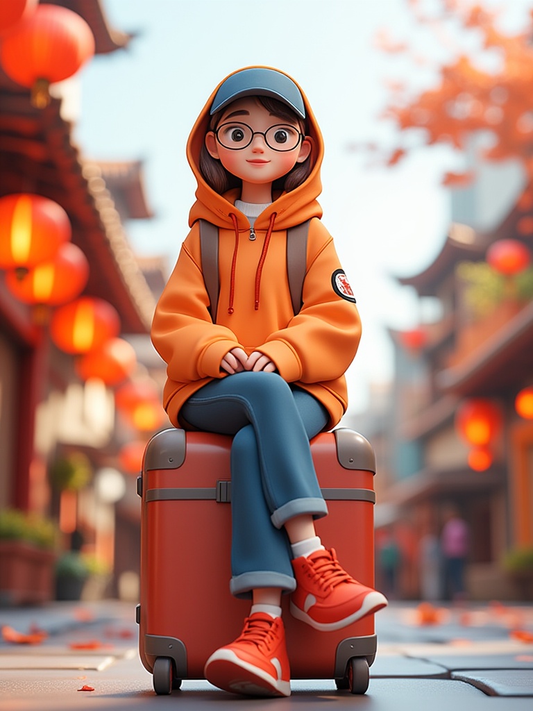 miluo_3d,3D, A cute girl sits on a suitcase, wearing glasses, an orange hoodie, blue jeans, and red sneakers. The background depicts the buildings of Shanghai city in autumn, rendered in a Pixar-style cartoon aesthetic.<lora:miluo丨3D 1.3:1>