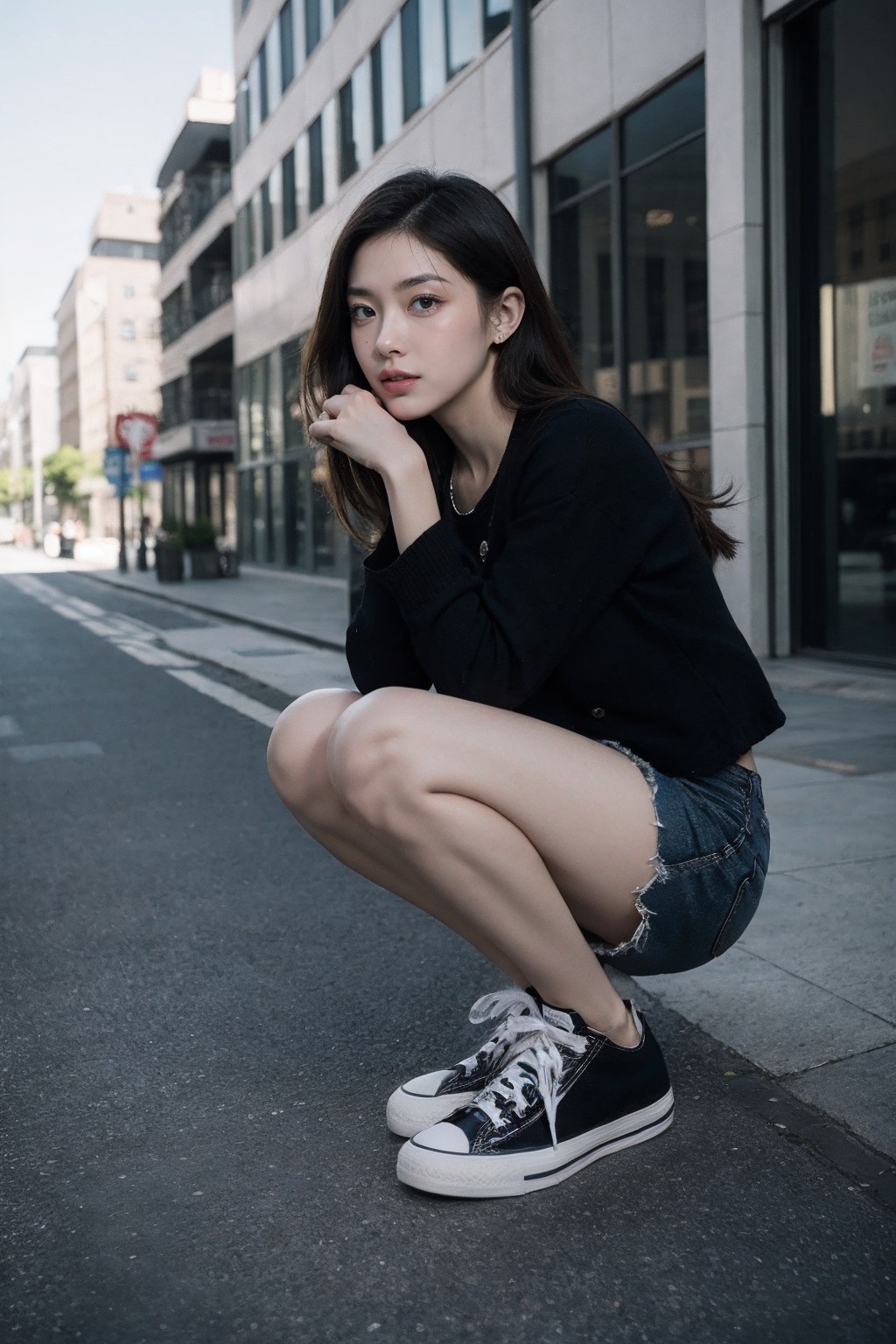 masterpiece,best quality,ultra detailed,detailed face,8K,1girl,solo,squat,leg,shoes,cvas,black shoes,<lora:converse all star:1>,
