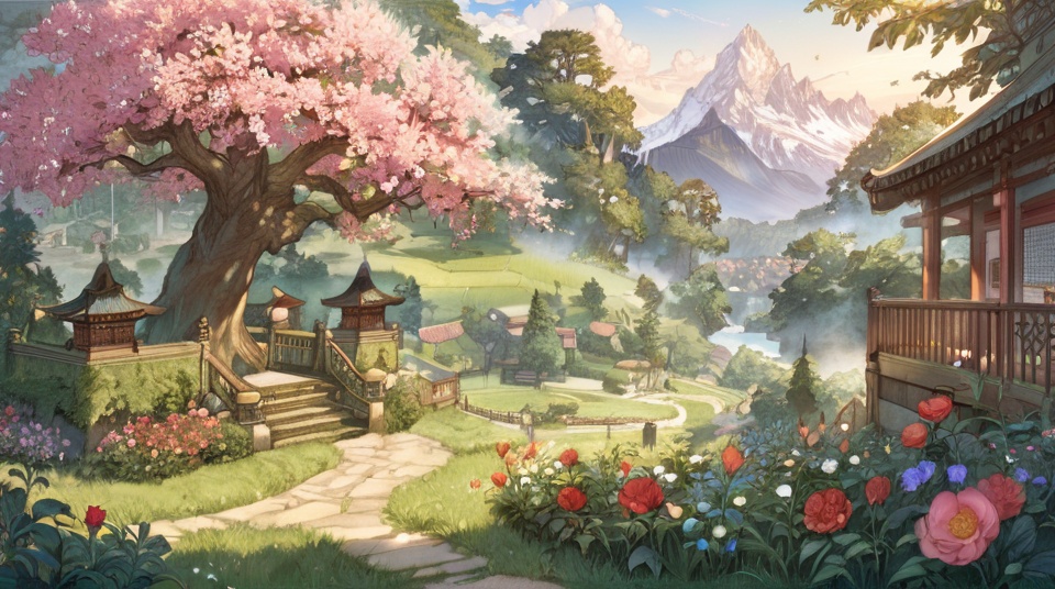 (best quality), ((masterpiece)), (highres), illustration, original, extremely detailed, <lora:NO Name Art:0.7>flower, 1girl, scenery, tree