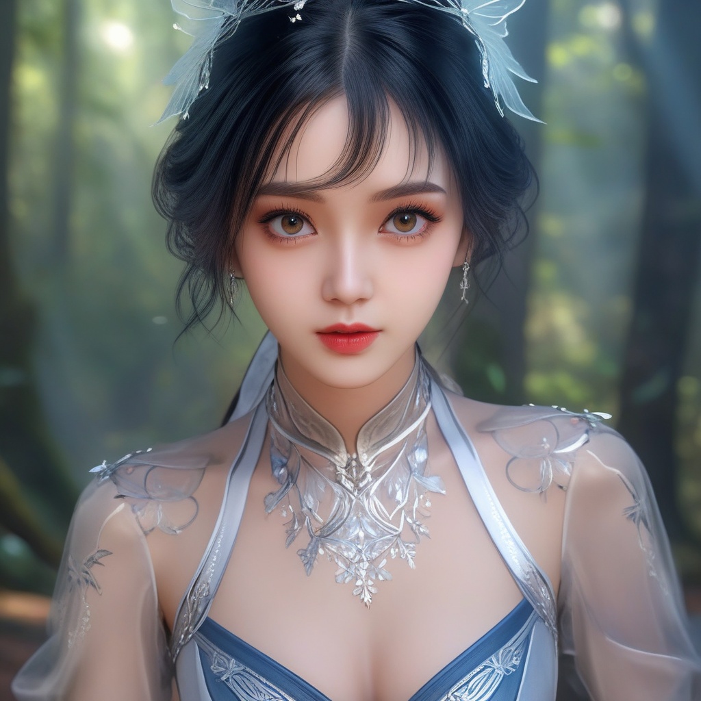 <lora:707-DA-XL-斗罗大陆-唐舞桐:0.8>(,1girl, ,best quality, ),looking at viewer,  ,ultra detailed background,ultra detailed background,ultra realistic 8k cg,(masterpiece:1.2),(best quality:1.2),(ultra detailed:1.2),(official art:1.3),(beauty and aesthetics:0.8),detailed,(intricate:0.8),(highly detailed),(solo),delicate countenance,1girl,fancy,(glassy texture:1.2),(crush:1.2),8k,accessory,tattoo,(transparent:1.1),gown,energy encirclement,instant,in the twinkling of an eye,upper body,woman in a mythical forest, masterpiece, perfect face, intricate details, horror theme, raw photo, photo unp(cleavage),, 